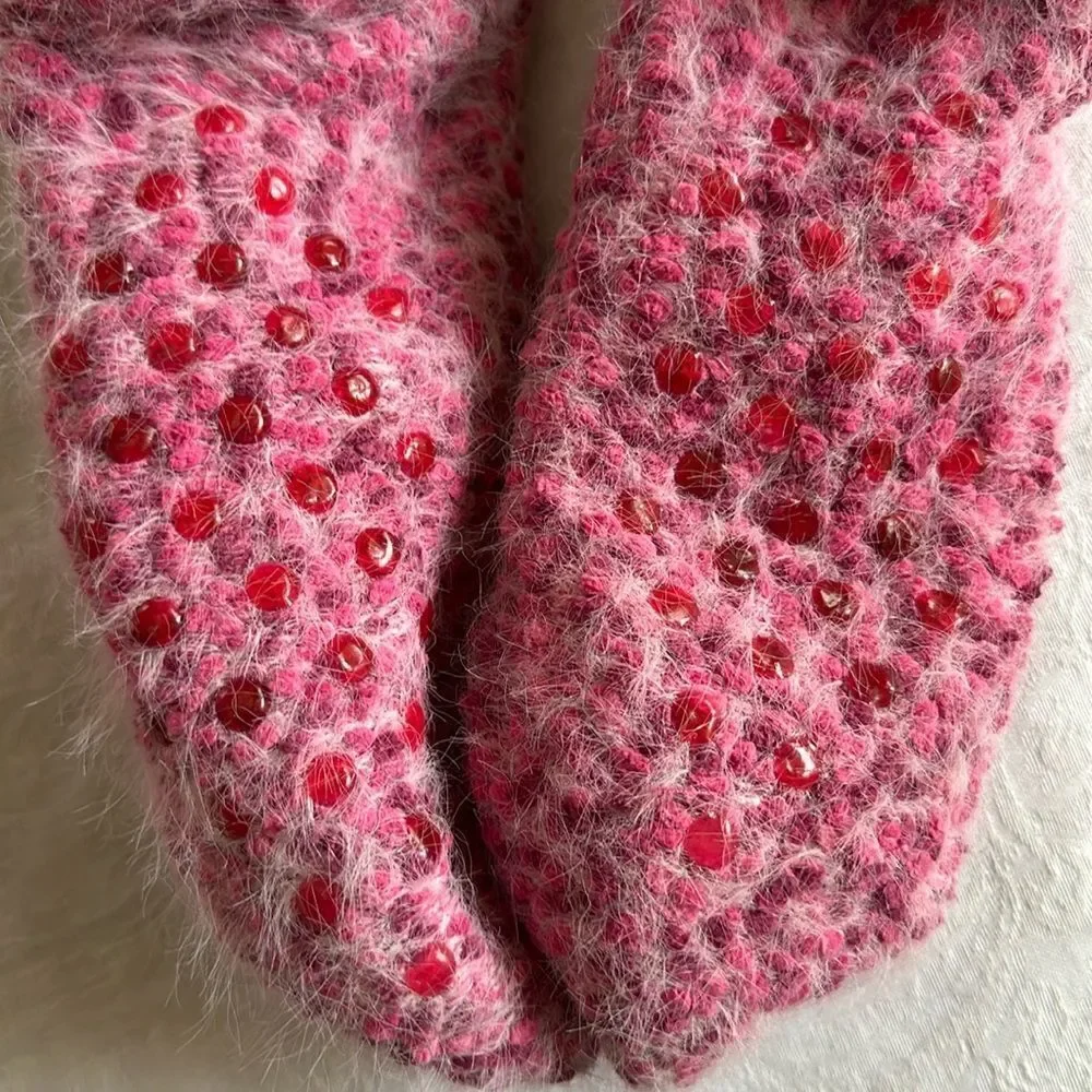 Christmas Collection Holiday Pink Fluffy Slipper Socks Women’s Grippy Bottoms